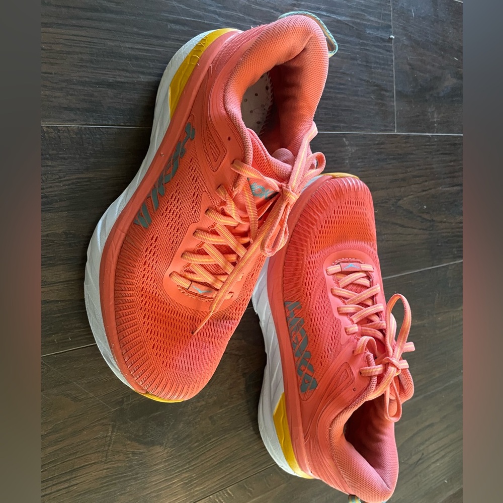 Hoka Women's Vibrant Coral and Yellow Athletic Shoes